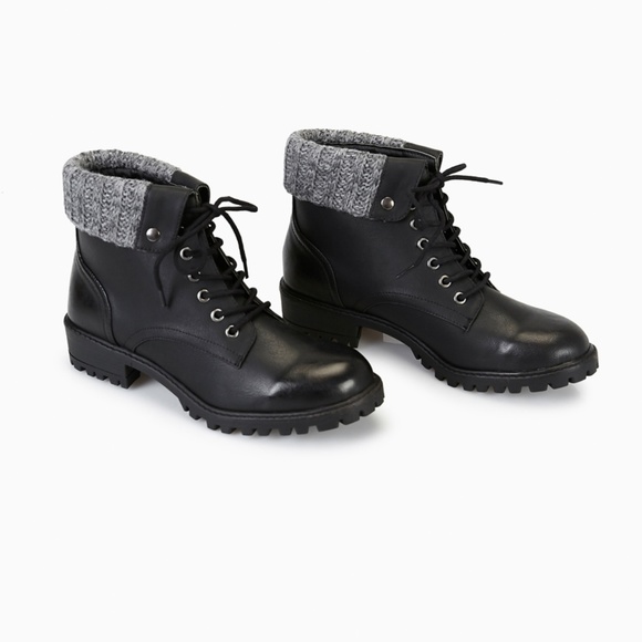 Black Foldover Combat pu leather military lace up Ankle Booties Booties - Picture 3 of 4